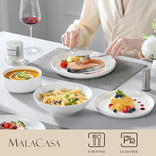 MALACASA Plates and Bowls Sets, 24 Pieces Modern Porcelain Dinnerware Set for 6 Ceramic Dishware Dishes White Dinner Ware Set Microwave and Dishwasher Safe, Series Luna | Modern Ceramic Dishware,Kitchen Dining Ware,Microwave and Dishwasher Safe,Simple Solid White Design,Series LUNA thumbnail 2