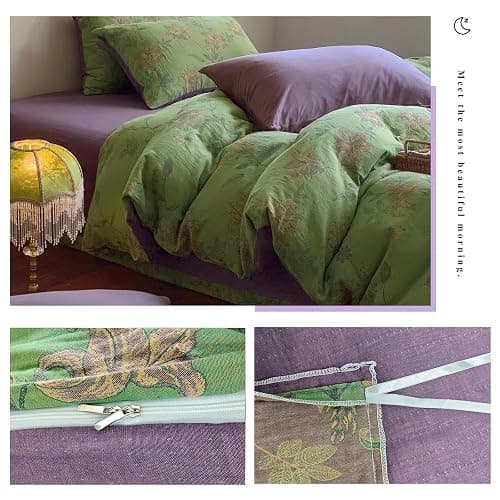 VM VOUGEMARKET Linen Cotton Jacquard Duvet Cover Queen,3 Pcs Yarn-Dyed Textured Duvet Cover Set Green Purple Floral Bedding Breathable, Natural Wrinkled Look-No Comforter thumbnail 5