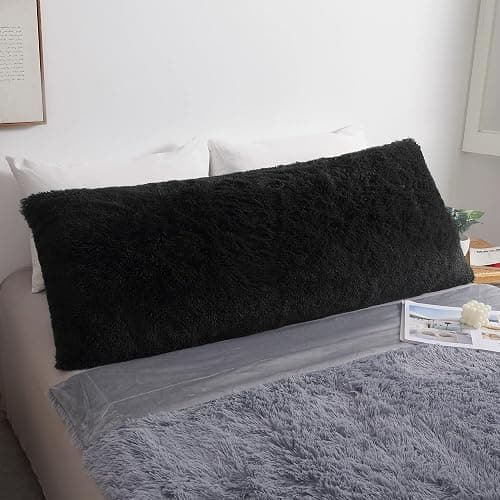 MEGO Luxury Fluffy Body Pillow Cover, 20x54 Shaggy Faux Fur Body Pillow Case, Black Soft Plush Fuzzy Body Pillowcase, Decorative Furry Long Bed Pillow with Zipper Closure Hug Pillow for Bedroom Black - Image 1