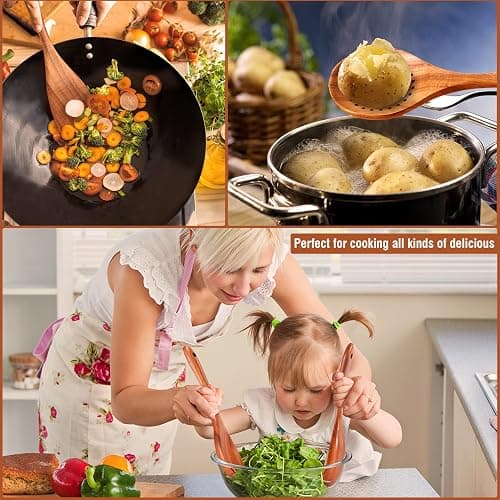 Mooues 9 Piece Natural Teak Wooden Kitchen Utensil Set with Spoon Rest - Comfort Grip Cooking Spoons and Utensils Holder thumbnail 7
