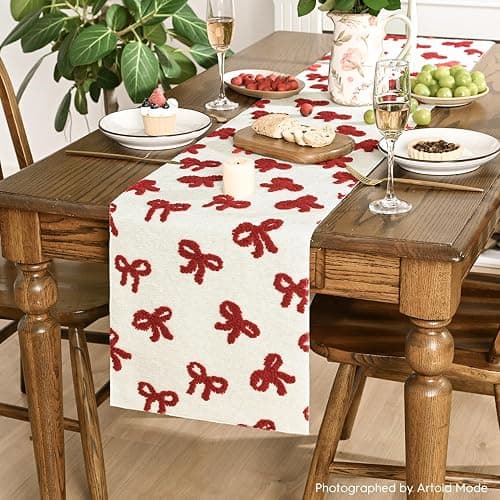 Artoid Mode Soft Coral Fleece Jacquard Red Bows Table Runner, Kitchen Dining Table Decoration for Home Party Decor 13x72 Inch thumbnail 4