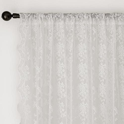 Anmao Vintage White Lace Curtains 84 Inches Long 2 Panels Set, Romantic Elegant Light Filtering Semi Sheer Floral Thick Lacy Curtain Drapes for Living Room and Bedroom, Each Panel 55W x 84L, Off White thumbnail 6