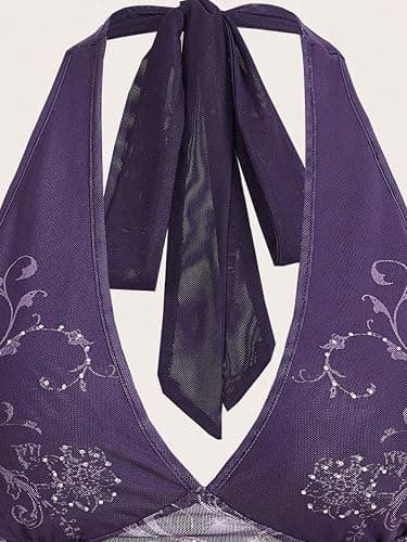 COZYEASE Women's Y2K Sheer Mesh Tie Back Halter Top Floral Print Rhinestone Cami Tops Backless Crop Tee - Medium - Purple thumbnail 4