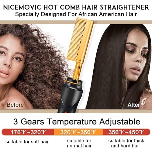 NICEMOVIC Ceramic Heating Hair Straightener Comb - Hot Pressing Brush for Natural Black Hair, Beard Wigs, and Curling (Gold) thumbnail 3