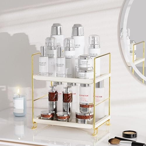 FSyueyun 2-Tier Bathroom Countertop Organizer, Tool-Less Installation Premium Plastics Makeup Shelf Organizer Perfume Skincare for Dresser Vanity Tray Organizers and Storage (Gold) thumbnail 7