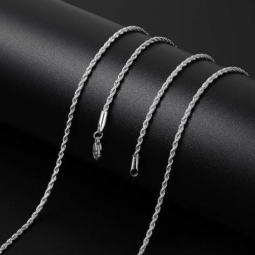 Fiusem 3mm Rope Chain Necklace for Men, Silver Tone Mens Chain Necklace, Stainless Steel Necklace Chain for Men Women, Jewelry Gift thumbnail 9