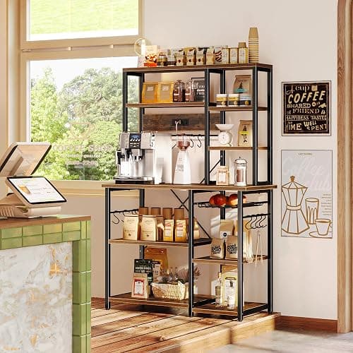 SUPERJARE Large Bakers Rack with Power Outlets, 6-Tier Microwave Stand, Coffee Bar with 12 S-Shaped Hooks, Kitchen Shelf with Wire Basket, 39.4 x 14.6 x 66.9 Inches, Rustic Brown thumbnail 2