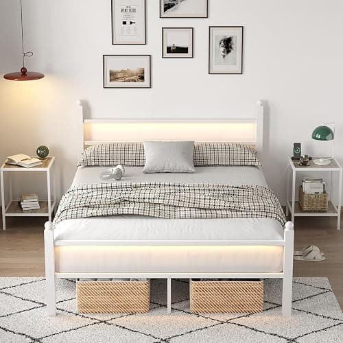 CollaredEagle Full Bed Frame with Headboard and Footboard, Metal Bed Frame with Charging Station and LED Lights, Under Bed Storage, No Box Spring Needed,Noise Free, White thumbnail 3