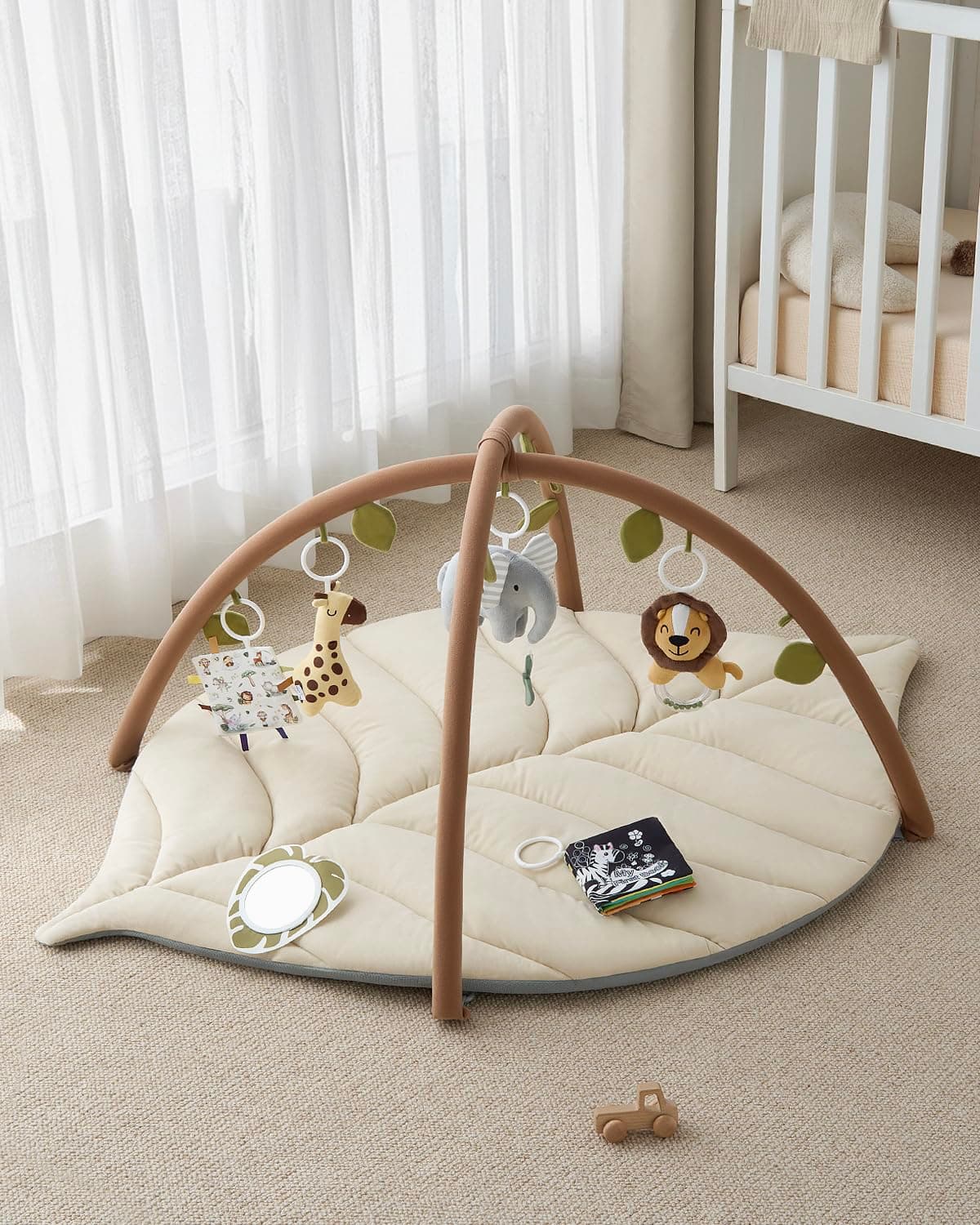 Blissful Diary Baby Play Gym & Activity Mat, Leaf Shaped Baby Tummy Time Play Mat with 6 Detachable Toys, Promotes Motor Skills & Sensory Development, Oatmeal Beige thumbnail 6