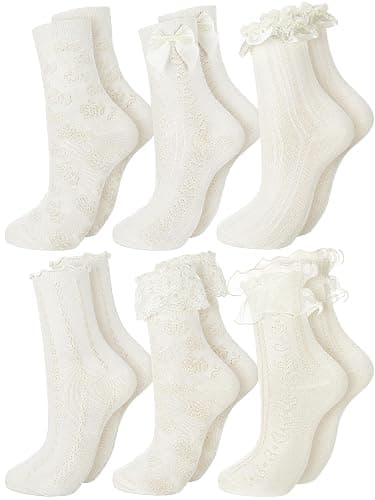 Fourluoo 6 Pairs Ruffle Socks Women Frilly Lace Ankle Socks Cream Lolita Princess Bow Breathable - Image 1