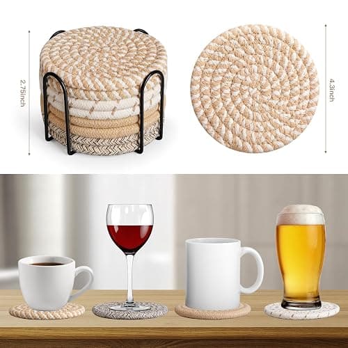 Drink Coasters with Holder, 4 Colors Absorbent Coasters, Cotton Woven Coaster Set of 8 for Table Protection, Home Decor, Housewarming Gift thumbnail 3