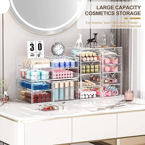 Makeup Organizer With 16 Drawers, 4 Pcs Desktop Office Supplies, Desk Organizers, Clear Desk Accessories, Dustproof Drawer Storage for Make Up, Jewelry, Pen, Stationary - 16 Drawers thumbnail 3