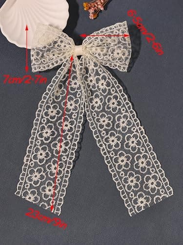 LFOUVRE Beige Lace Hair Bows with Embroidered Flowers - Bowknots, Barrettes, and Hair Clips with Long Tails for Women (3pcs) thumbnail 4
