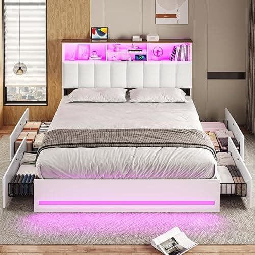 VIAGDO Full Size Bed Frame with Bookcase Headboard, Wooden Bed Frame Full Size with Charging Station, 4 Storage Drawers and LED Lights, with Type-C and USB, No Box Spring Needed, White thumbnail 7