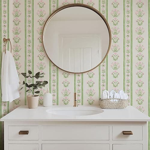 RollsRolla Green Stripe Peel and Stick Wallpaper Featuring Pink Floral, Vintage Farmhouse Inspired Renter Friendly Wallpaper, Cute and Whimsical Style for Girls Room, Bathroom, Laundry Room thumbnail 3