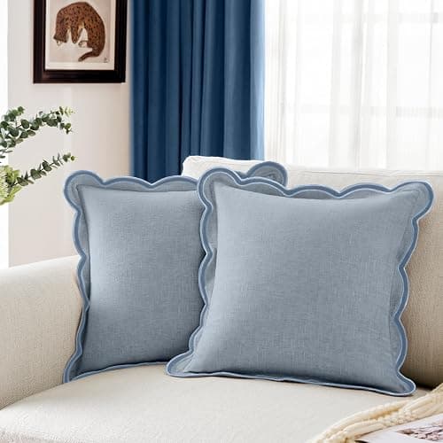 Ohocut Scalloped Pillow Cover Pack of 2 Spring Chenille Decorative Throw Pillow Covers Cute Boho Couch Pillow Covers Aesthetic Funky Preppy Pillow Cases for Sofa Living Room (Misty Blue, 18x18 Inch) - Image 1
