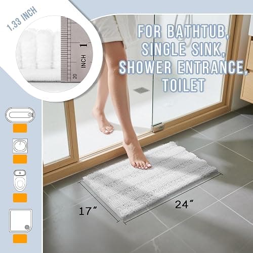 Yimobra Bathroom Rug Mat, Non Slip and Super Absorbent Bath Mat, Machine Washable Quick Dry, Ultra Plush Chenille Shower Rugs for Bathroom Floor Sink Tub and Shower Outside, White, 24 x 17 thumbnail 2