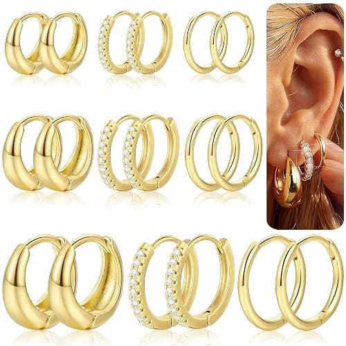 9 Pairs Gold Huggie Hoop Earrings Sets for Women, 14K Gold Plated Small Hoop Earring Sets for Multiple Piercing, Hypoallergenic Thick Lightweight Earring for Womens Jewelry Gifts - Image 1