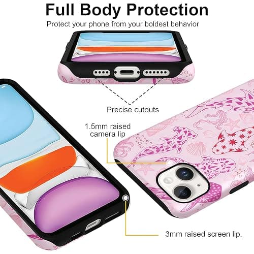 CAINAT Aesthetic Cases for iPhone 13, Pink Sharks Turtles Shells Seaweed Design, Hard Hybrid 2-Layer Protective Cover for Women Girls thumbnail 4