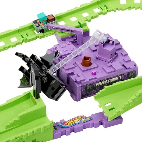 Hot Wheels Toy Car Track Set, RacerVerse Minecraft Playset & Die-Cast Diamond Armor Steve in Minecart Vehicle, Launch & Race to Defeat Ender Dragon thumbnail 5