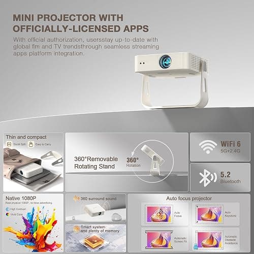 [Officially-Licensed App & Auto Focus]Smart Mini Projector with WiFi and Bluetooth, XuanPad 4K Support Movie Projector, Portable Native 1080P Outdoor Projector with 360° Stand thumbnail 2