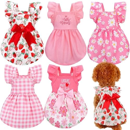 Abbylike 5 Pcs Dog Dress Floral Daisy Plaid Bowknot Dog Clothes Cute Summer Puppy Dresses Outfits Soft Apparel for Pets Cats Female (Pink Sweet,Small) - Image 1