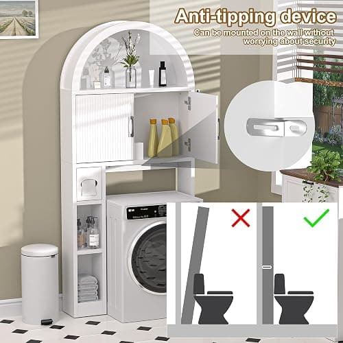 AHB Over The Toilet Storage Cabinet, Freestanding Bathroom Organizer with Adjustable Shelf and Anti-Tip Device, Arched Cabinet with Doors, Space-Saving Toilet Storage for Bathroom, Laundry, Mini Bar - White thumbnail 5