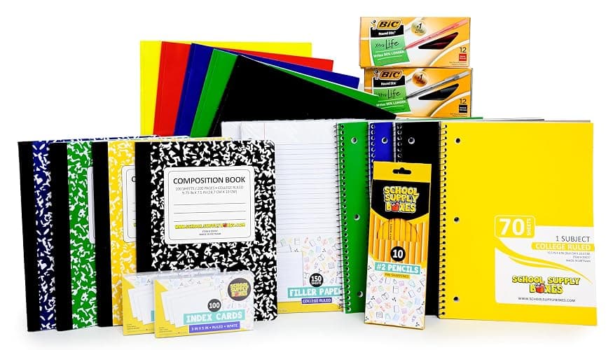 High School Writing Bundle | 1 Box - 51 Pieces per Box | School Supply Boxes - Back to School Essentials | Includes Composition Books, Loose Leaf Paper, Index Cards, 12 ct. Pens & More - 1 Box - Image 1