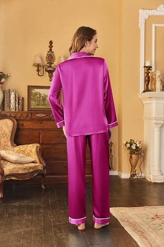 Ekouaer Women's Classic Button Down Long Satin Silk Pajama Set | Soft Satin Pajamas, Mix-Match Daily Look, Chest Pocket,Elastic Waist, Gift For Ladies thumbnail 4