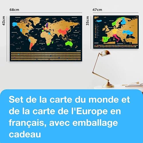 envami® Carte du Monde à Gratter en Français - Avec Carte Européenne - 68 X 43 CM - Dorée - Planisphère - Map à Gratter - Poster de Voyage thumbnail 3