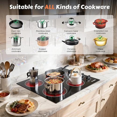 Cooksir Electric Cooktop 24 Inch - 4 Burner Built-in Electric Stove Top 6000W, Radiant Electrical Stovetop with 9 Heating Level, Knob Control, Auto Shut Off Protection, 220-240V Hard Wired (No Plug) thumbnail 8