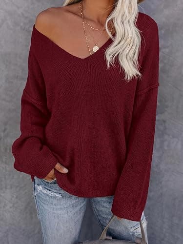 BTFBM V Neck Loose Lightweight Knitted Casual Fall Sweaters for Women 2026 | Slouchy Pullover Top, Soft, Oversized Long Sleeve Sweater, Halloween, Christmas, Work, Holiday Outfits, Trendy Winter Clothes thumbnail 2