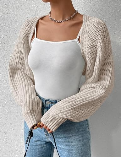 SECRETEYARD Women's Long Sleeve Open Front Knitted Crop Cardigan Drop Shoulder Knit Bolero Shrug Sweater thumbnail 2