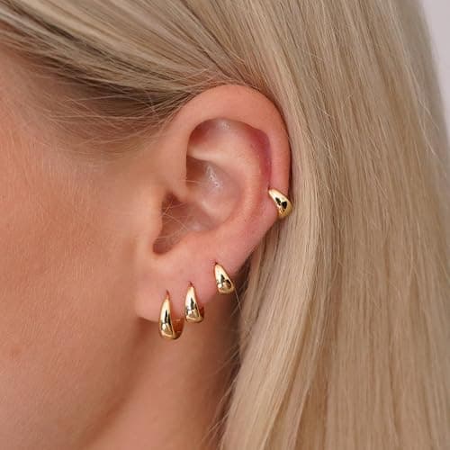 CHESKY 4 Pairs Small Huggie Hoop Earrings for Women - Chunky 14K Gold Plated/Silver Plated Lightweight Earring Stacks Cartilage Hoop Earrings Set for Multiple Piercing Trendy Jewelry thumbnail 3