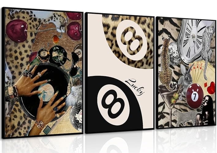 3 pcs Fashion Cheetah Canvas Wall Art Leopard Painting Wall Decor Lucky 8 Ball Poster Prints Artwork Dark Red Cheetah aesthetic Pictures for Bedroom Living Room bathroom Home Decor 12x16 in Unframed - Image 1