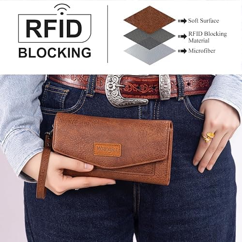 Montana West X Wrangler Brown Wallet Women Rfid Large Wristlet Trifold Women's Wallets Card Cases & Money Organizers with Detachable Wrist Strap thumbnail 3