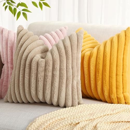 decorUhome Faux Fur Christmas Throw Pillow Covers 18x18 Set of 2, Decorative Soft Plush Striped Neutral Couch Euro Pillow Covers with Velvet Back for Sofa, Bed, Living Room Home Decor, Pink thumbnail 6