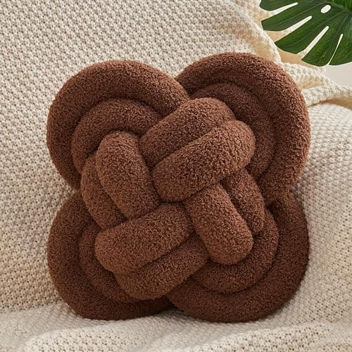 Xiashrk Knot Pillow Ball, 12" Soft Decorative Throw Pillows for Couch Bed, Dark Brown Knotted Plush Throw Pillow Handmade Square Cushion Home Couch Decor Pillows for Living Room - Image 1