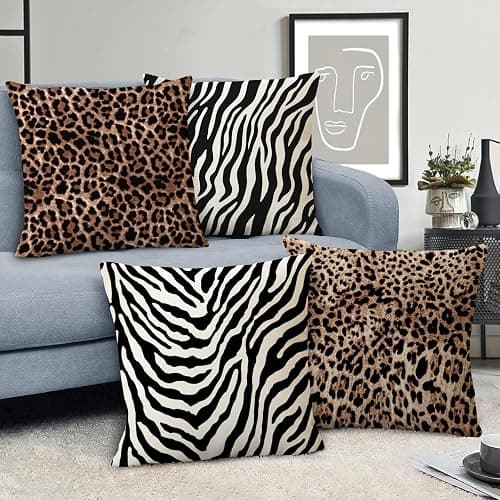 Fahrendom Leopard Zebra Print Decorative Throw Pillow Covers Set of 4, Wild Animal Cheetah Black White Stripes Outdoor Pillowcase, Farmhouse Wildlife Sofa Couch Cushion Case Home Decor 18 x 18 thumbnail 2