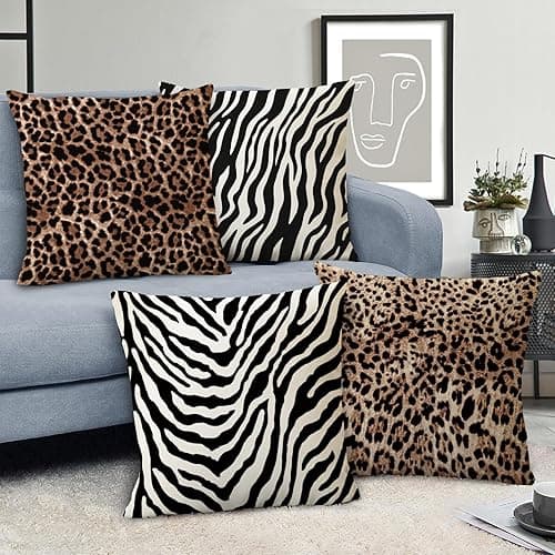 Fahrendom Leopard Zebra Print Decorative Throw Pillow Covers Set of 4, Wild Animal Cheetah Black White Stripes Outdoor Pillowcase, Farmhouse Wildlife Sofa Couch Cushion Case Home Decor 18 x 18 thumbnail 3