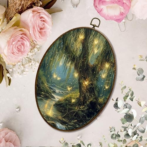 JQF Vintage Enchanted Forest Willow Tree Oval Wall Decor, Rustic Cottagecore Oval Canvas Wall Art, Dark Academia Nature Framed Prints Hanging Decor for Home Bedroom Living Room, 8.5x11.5 Inch thumbnail 3