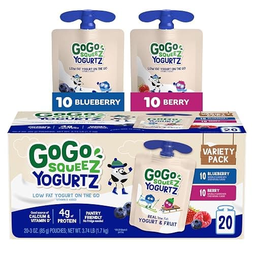 GoGo squeeZ Low Fat YogurtZ Variety Pack, 3 oz Pouches, 20 Count | Kids snack, blueberry & berry flavor, real yogurt & fruit; no fridge needed, gluten and nut free, recloseable cap, BPA-free - Image 1