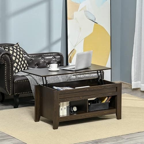 HOMCOM Lift Top Coffee Table with Hidden Storage Compartment and Open Shelves, Lift Tabletop Pop-Up Center Table for Living Room, Dark Walnut thumbnail 2