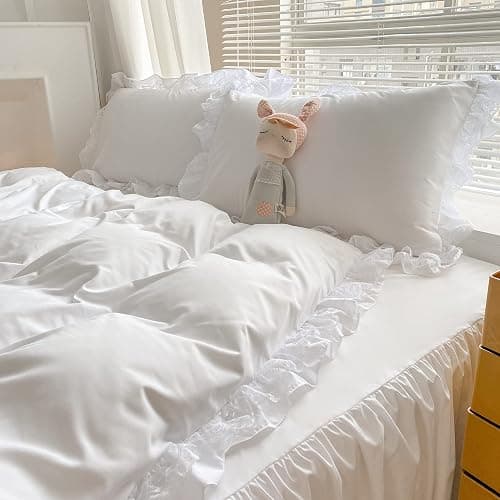 MOOWOO Chic Ruffle Lace Polyester Duvet Cover Set -Girl White Bedding-3 Piece Queen Duvet Cover with Zipper Closure -Ultra Soft and Light Weight (White, Queen)-No Comforter thumbnail 6