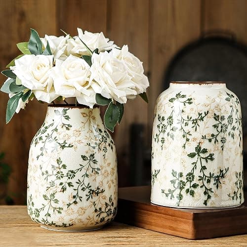 Green Vintage Vase, Chinoiserie Floral Vases, Retro Ice Cracked Ceramic Large Vases for Home Decors, Living Room, Bookshelf, Office, Grand Millennial Decor, Chinoiserie Decors, Tuscan Decor 7.8 Inch thumbnail 7