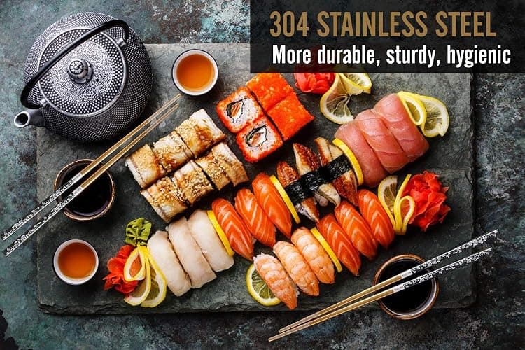 Chopsticks Reusable Titanium Plated Metal Chopsticks 304 Stainless Steel Chopstick Dishwasher safe Japanese Korean lightweight Engraved Anti-slip Chop sticks for Eating 2 Pairs Gift Set Black Gold thumbnail 5