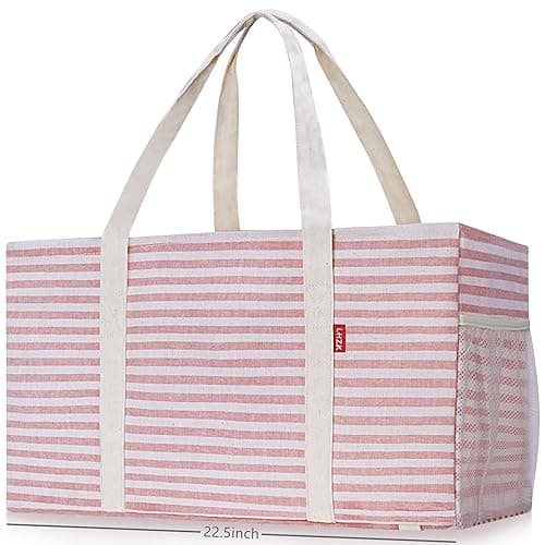 LHZK Standing Extra Large Utility Tote Bag with Metal Wire Frame and the Sides Rinforced, Extra Large Tote Bag with Handle, Reusable Grocery Bags Foldable, Beach Bag, Car Tote (Pink) - Pink - 22.5''x10.5''x12''-1 Pack - Image 1