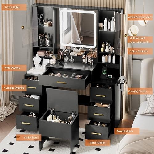 BORNOON Makeup Vanity with LED Light Strip Mirror and Chair, 7 Drawers & 2 RGB Cabinets Black Vanity Makeup Desk with Power Strip, Adjustable LED Lighting, and Cushioned Stool for Women, Girls, Teens thumbnail 4
