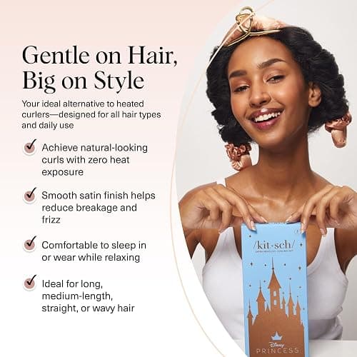 Disney & Kitsch Satin Heatless Hair Curler Set - Heatless Curls Overnight with Hair Curler & 2 Satin Scrunchies - Hair Curlers to Sleep in for Overnight Curls - Overnight Blowout Rods - Princess Party thumbnail 3