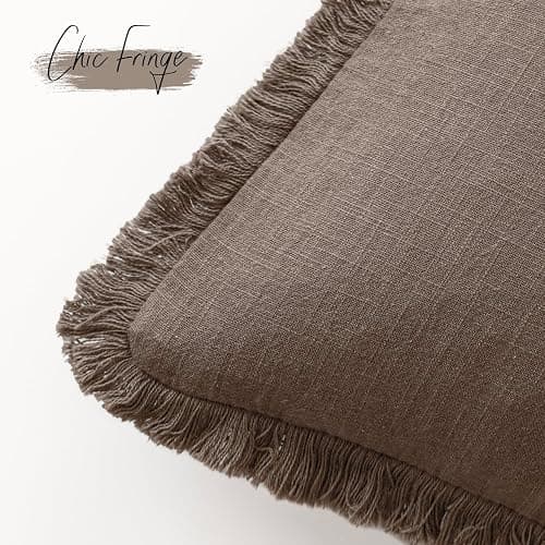 Foindtower Set of 2 Decorative Linen Fringe Throw Pillow Covers Cozy Farmhouse Cushion Cover with Tassels Accent Pillowcase for Couch Chair Sofa Bed Living Room Home Decor,18×18 Inch,Light Coffee thumbnail 3